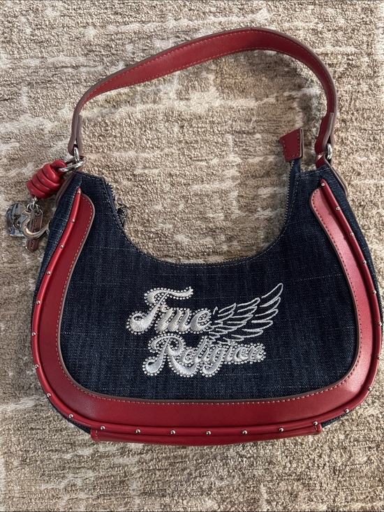 True Religion Handbags - True Religion Navy Denim Shoulder Bag with Red Trim